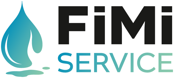 Fimi Logo. Blau-grüner Wassertropfen. Daneben FIMI Service